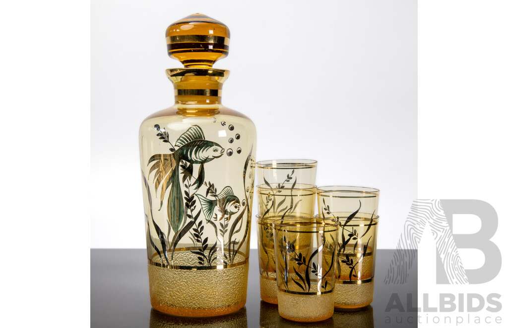 Amber Glass Decanter and Six Tumblers with Fish Motif