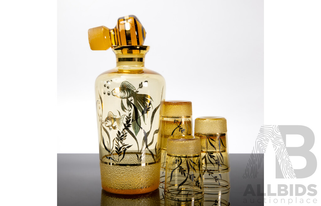 Amber Glass Decanter and Six Tumblers with Fish Motif