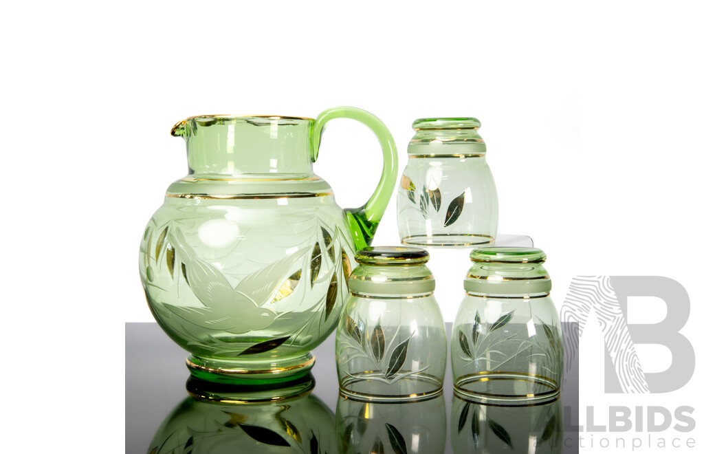 Green Glass Jug and Tumblers with Gilt Leaf Design
