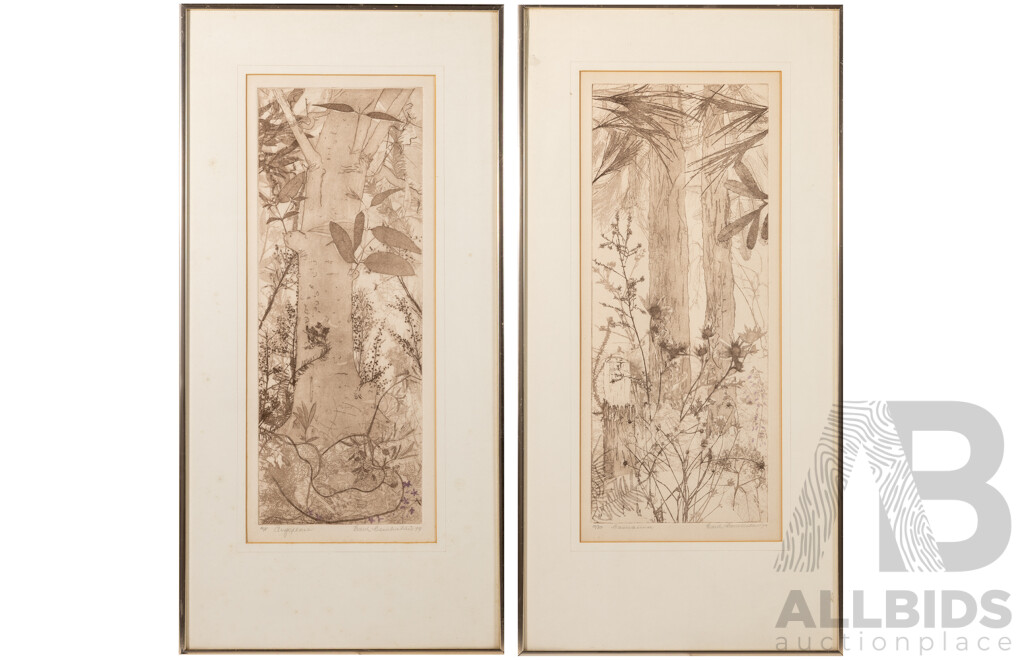 Edith Cowlishaw, (20th Century, Australian, 1923-), Casuarina & Angophora (1979), Signed & Editioned Pair of Original Hand Coloured Etchings, 75 x 37 cm (frames) (2)