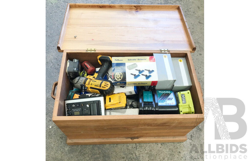 Wooden Storage Chest with Various Tools, Locks, and Bathroom/Kitchen Mixers
