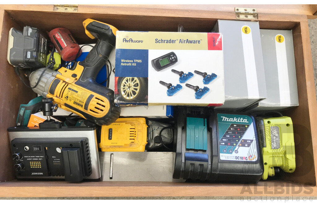 Wooden Storage Chest with Various Tools, Locks, and Bathroom/Kitchen Mixers