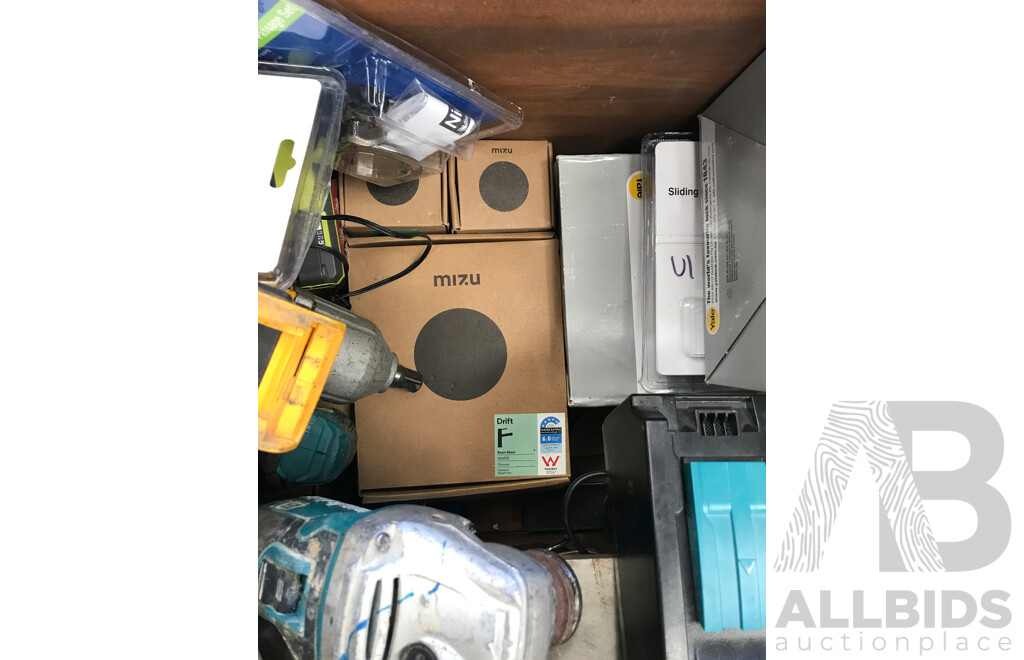 Wooden Storage Chest with Various Tools, Locks, and Bathroom/Kitchen Mixers