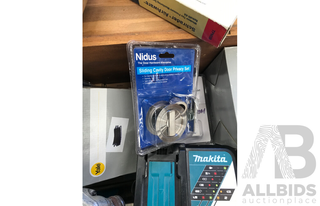 Wooden Storage Chest with Various Tools, Locks, and Bathroom/Kitchen Mixers