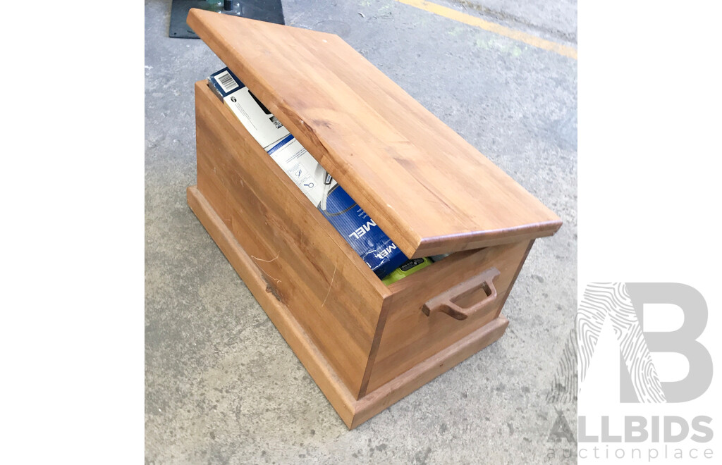 Wooden Storage Chest with Various Tools, Locks, and Bathroom/Kitchen Mixers