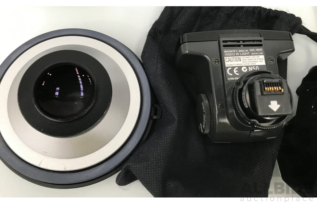 Creative Outlier Air Wireless Earphones, Kogan Power Bank, and Assorted Sony Camera Lenses and Video Light