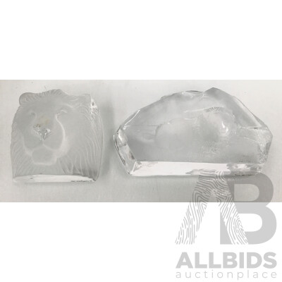 Nybro Crystal Sweden Lion Figures - Lot of 2
