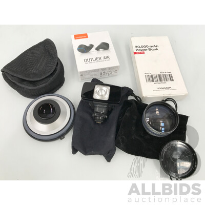 Creative Outlier Air Wireless Earphones, Kogan Power Bank, and Assorted Sony Camera Lenses and Video Light
