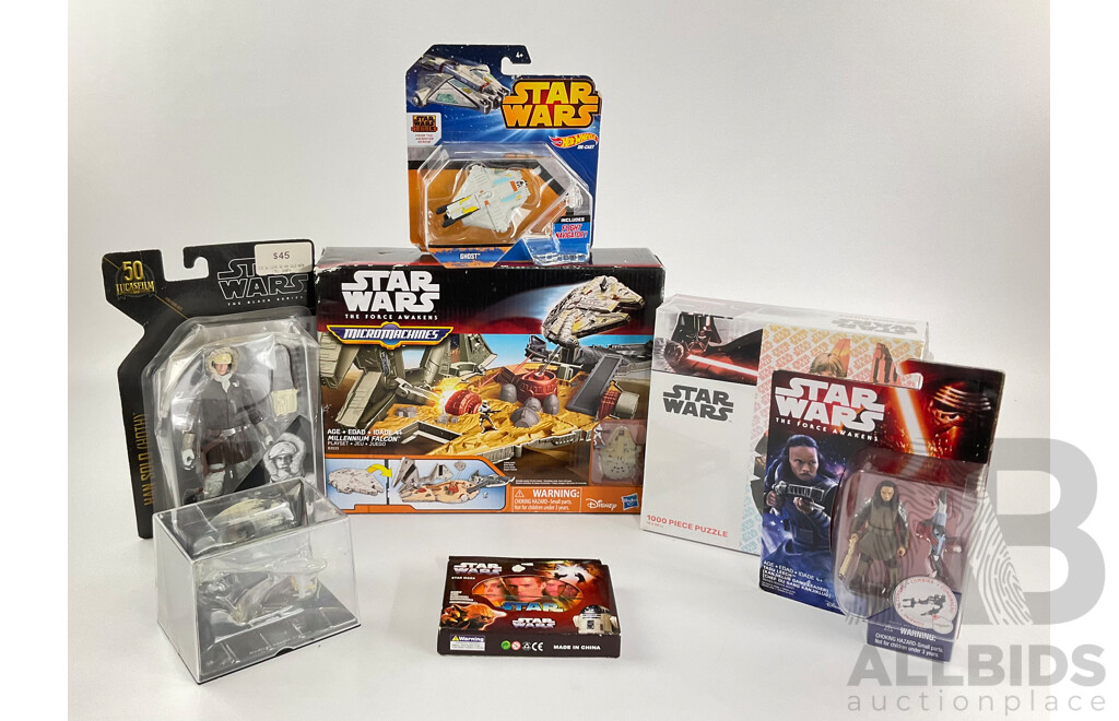 Collection of Star Wars Figures and Jigsaw Puzzle Including Micro Machines, Force Awakens Tasu Leech, Black Series Han Solo, Hot Wheels Ghost