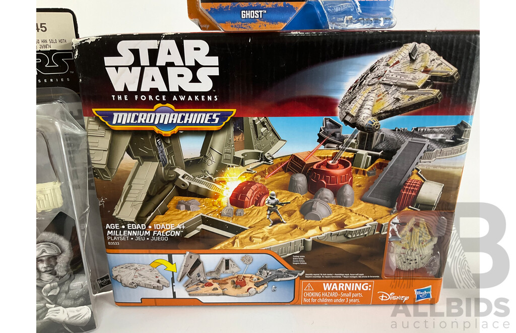Collection of Star Wars Figures and Jigsaw Puzzle Including Micro Machines, Force Awakens Tasu Leech, Black Series Han Solo, Hot Wheels Ghost