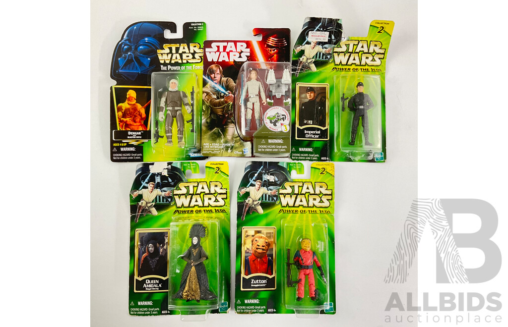 Collection of Hasbro and Kenner Boxed Star Wars Characters Including Dengar, Zutton, Quee Amidala, Imperial Officer, Luke Skywalker