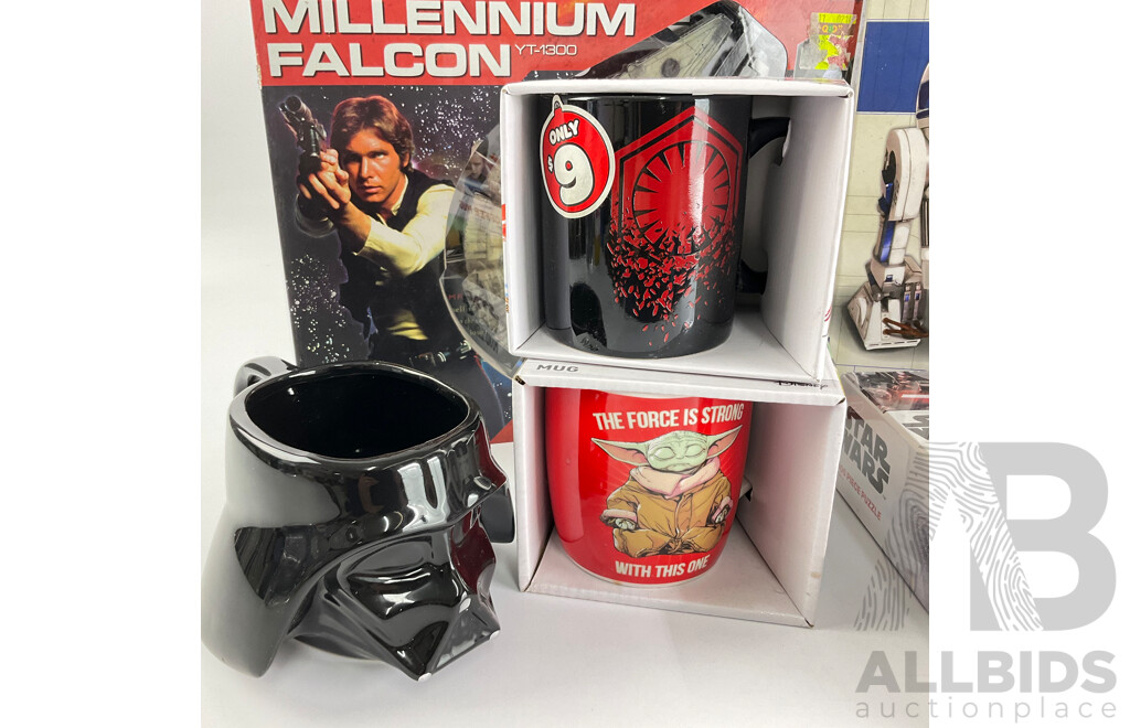 Collection of Star Wars Merchandise Including Mugs, Jigsaw Puzzle, Calendar, Millennium Falcon, 2005 Pin Collection