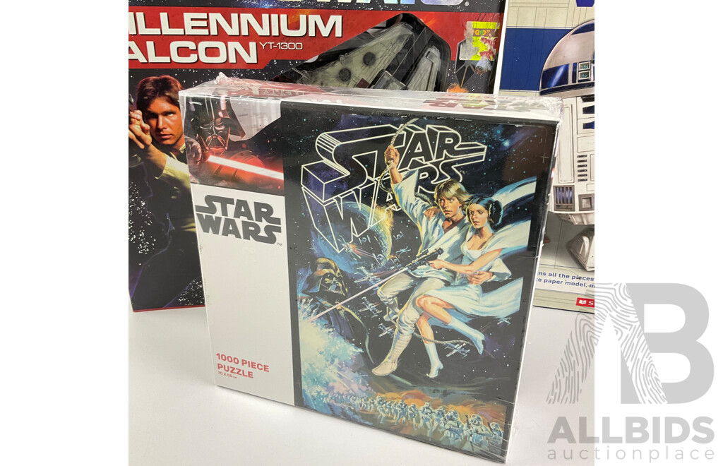 Collection of Star Wars Merchandise Including Mugs, Jigsaw Puzzle, Calendar, Millennium Falcon, 2005 Pin Collection