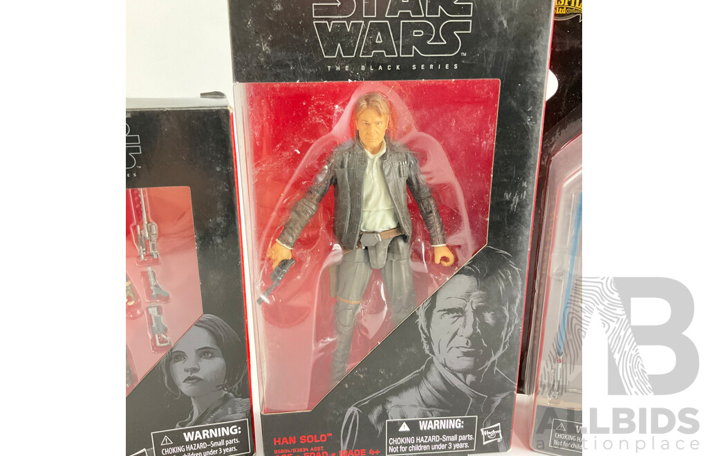 Collection of Hasbro Star Wars Black Series Figures Including Luke Skywalker, Sergeant Jyn Erso, Han Solo,tie Fighter