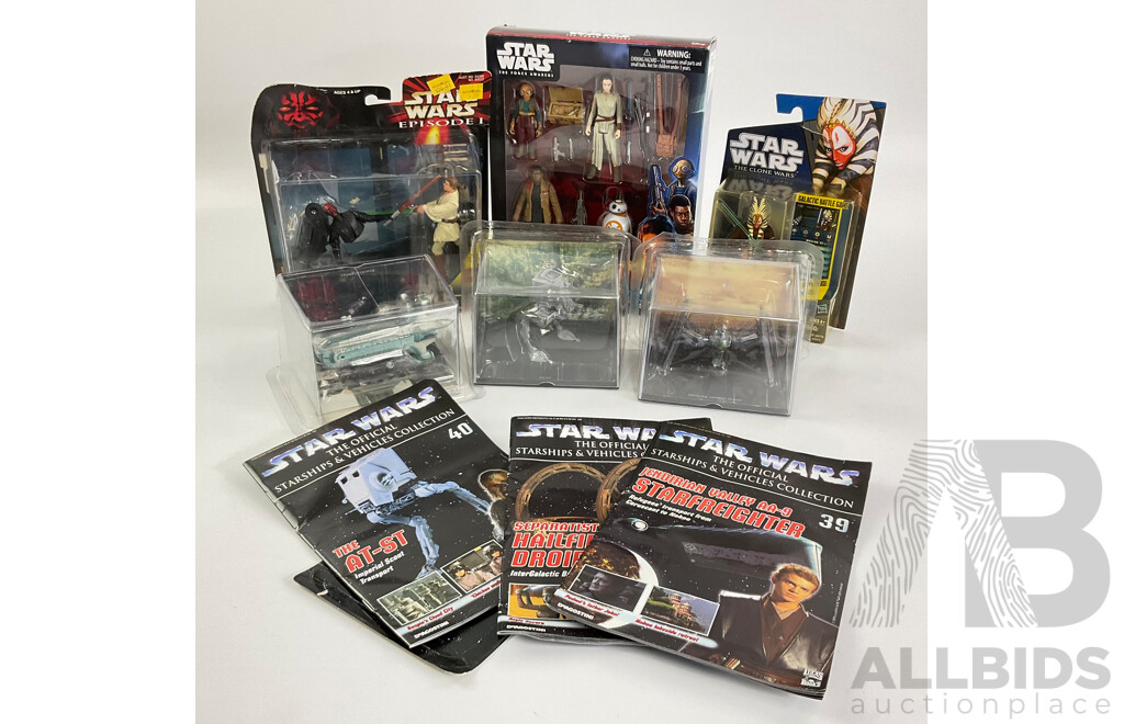 Collection of Star Wars Black Series Figures and Vehicles Including Darth Maul Vs Obi Wan Kenobi, Shaak Ti, Finn, Maz Kanata, Rey, BB-8, Homing Spider Droid, AT-ST, Starfreighter, Hailfire Droid