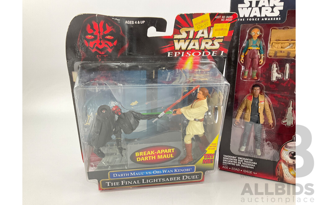 Collection of Star Wars Black Series Figures and Vehicles Including Darth Maul Vs Obi Wan Kenobi, Shaak Ti, Finn, Maz Kanata, Rey, BB-8, Homing Spider Droid, AT-ST, Starfreighter, Hailfire Droid