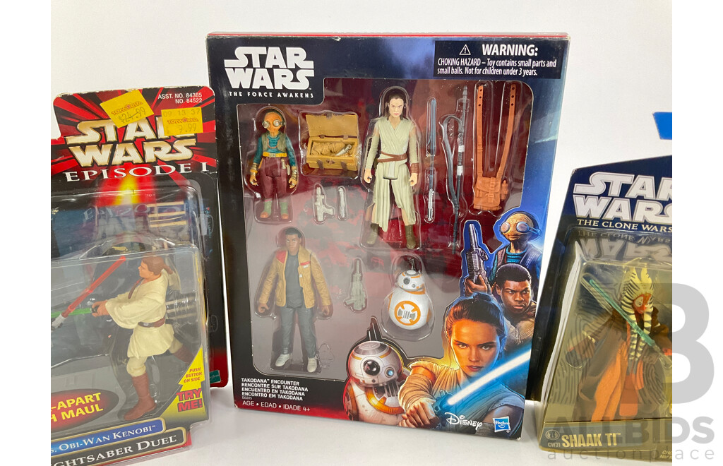 Collection of Star Wars Black Series Figures and Vehicles Including Darth Maul Vs Obi Wan Kenobi, Shaak Ti, Finn, Maz Kanata, Rey, BB-8, Homing Spider Droid, AT-ST, Starfreighter, Hailfire Droid