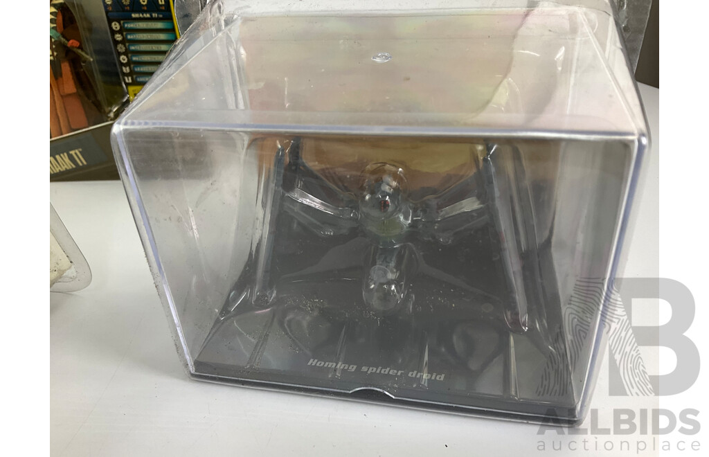 Collection of Star Wars Black Series Figures and Vehicles Including Darth Maul Vs Obi Wan Kenobi, Shaak Ti, Finn, Maz Kanata, Rey, BB-8, Homing Spider Droid, AT-ST, Starfreighter, Hailfire Droid