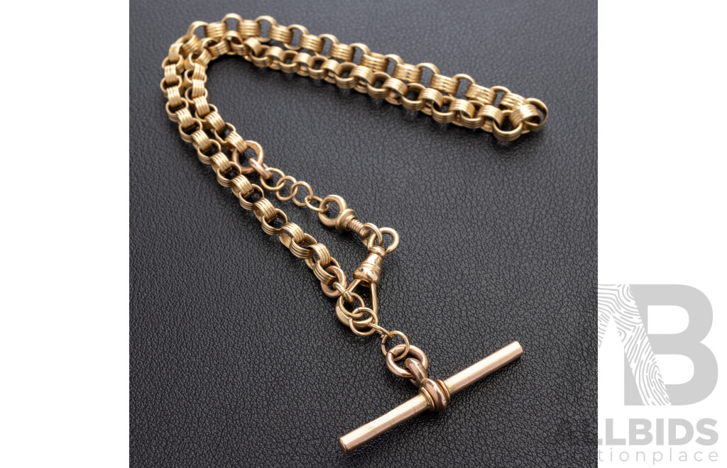 9ct Antique Fob Chain with T-Bar and Albert Swivel Clasp, 37cm, B&S Birmingham, 19.84 Grams