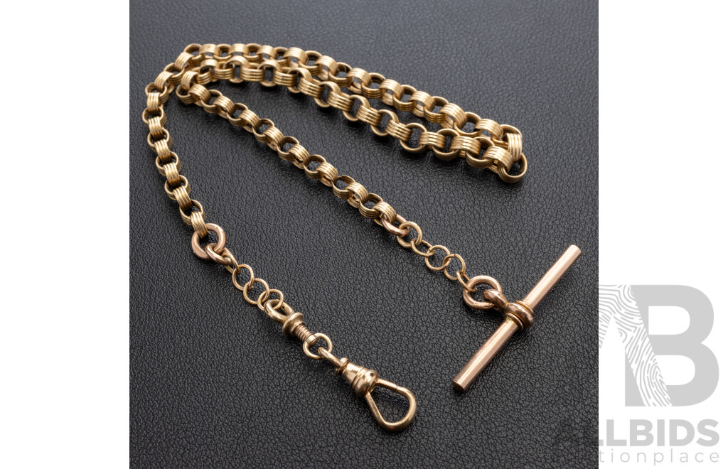 9ct Antique Fob Chain with T-Bar and Albert Swivel Clasp, 37cm, B&S Birmingham, 19.84 Grams