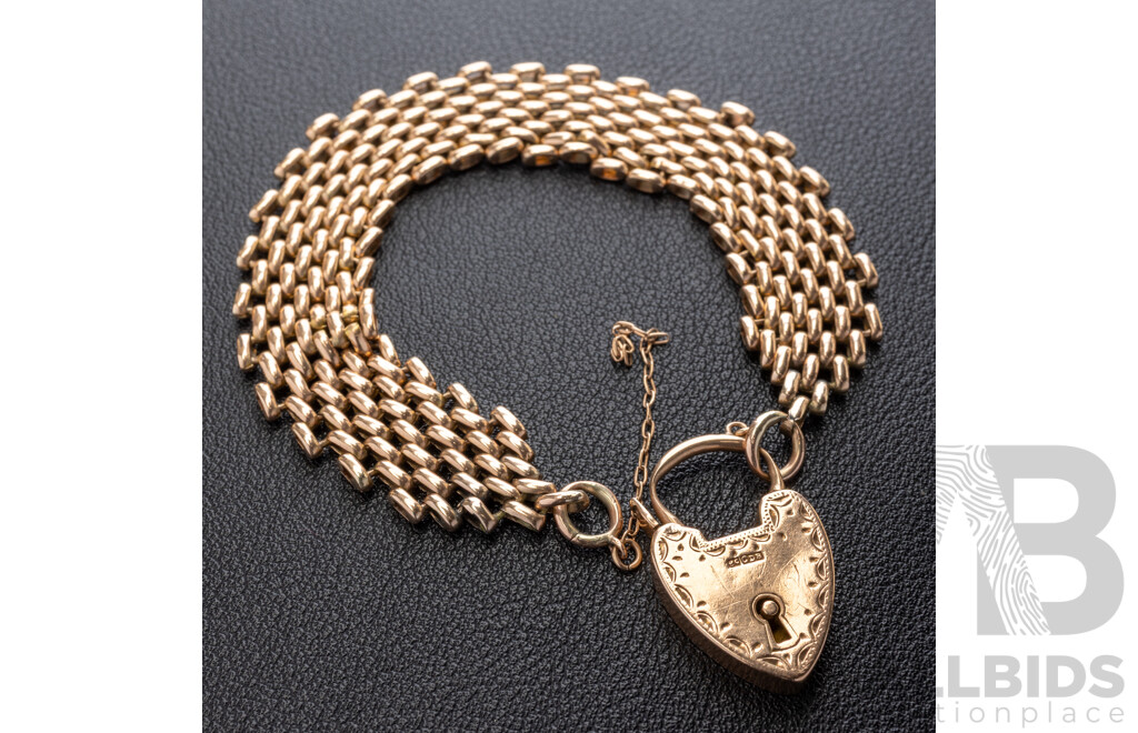 9ct Vintage Rose Gold Gatelink Bracelet, with Heart Padlock Clasp, 18cm, 21.62 Grams