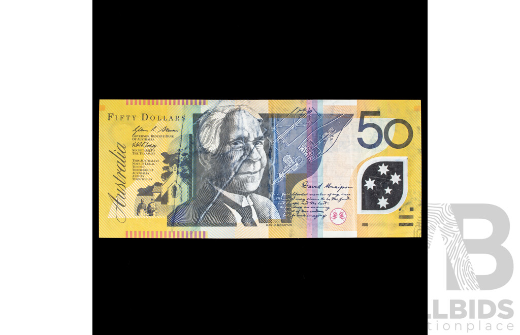 Australian 2007 Fifty Dollar Error Note, Colour Pigment Lines Through David Unaipon