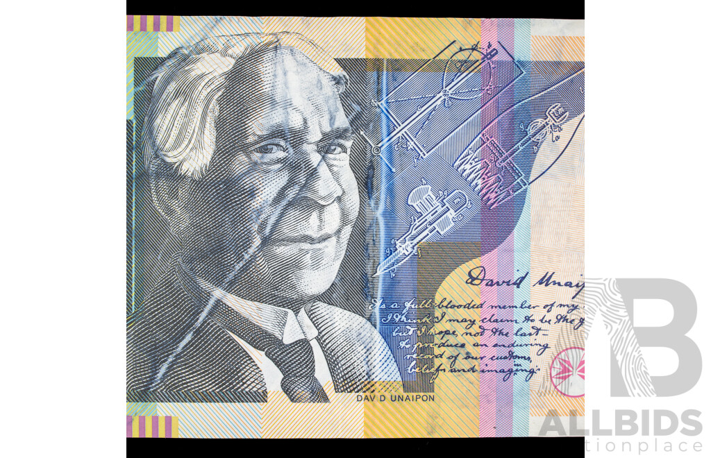Australian 2007 Fifty Dollar Error Note, Colour Pigment Lines Through David Unaipon