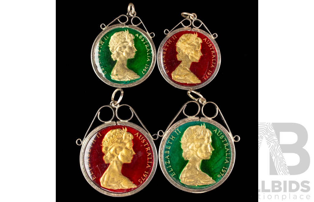 Australian Ten and Twenty Cent Coloured Resin Silver Pendants