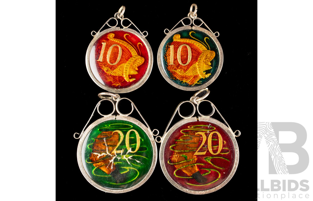 Australian Ten and Twenty Cent Coloured Resin Silver Pendants