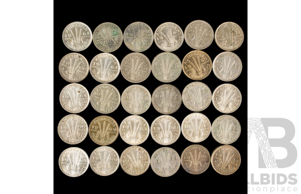 Thirty Australian KGVI/QE2 Silver Threepence, Examples Spanning 1948 to 1963 .500