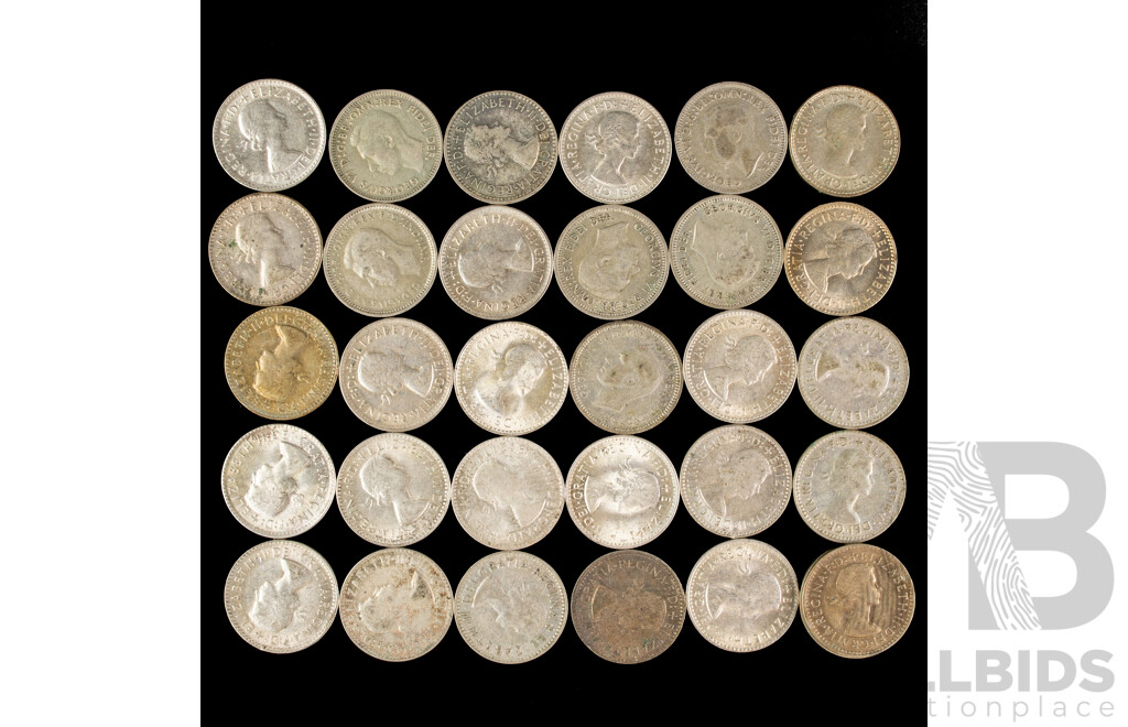 Thirty Australian KGVI/QE2 Silver Threepence, Examples Spanning 1948 to 1963 .500
