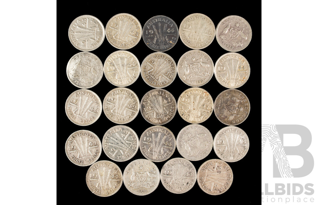 Twenty Four Australian KGV/KGVI Silver Threepence, Examples Spanning 1910 to 1944 .925