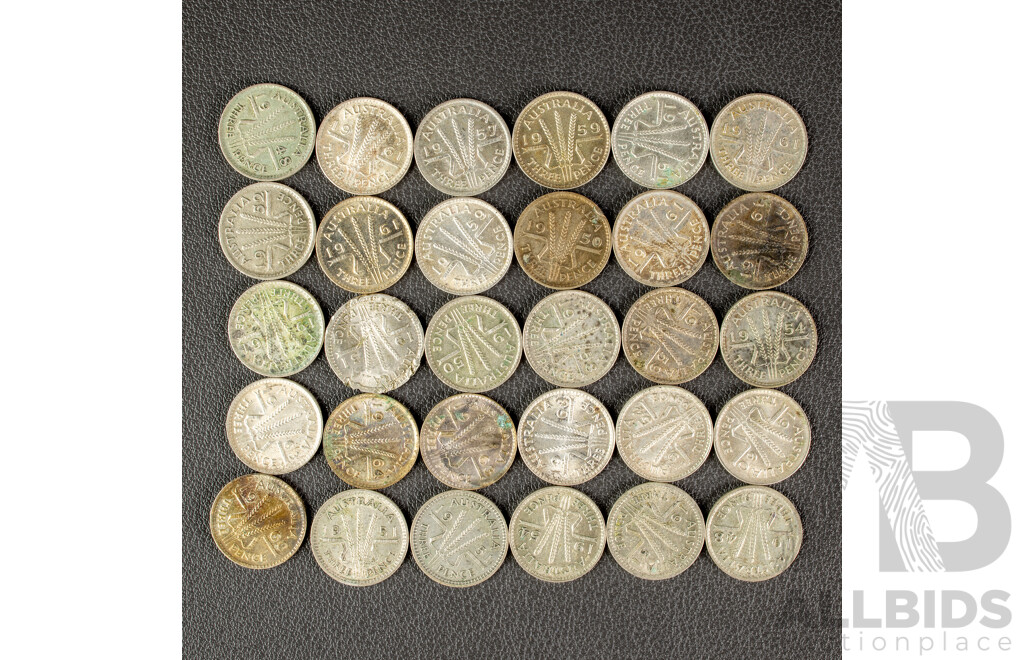 Thirty Australian Silver KGVI/QE2 Threepence, Examples Spanning 1948 to 1964 .500