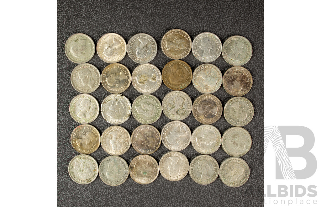 Thirty Australian Silver KGVI/QE2 Threepence, Examples Spanning 1948 to 1964 .500