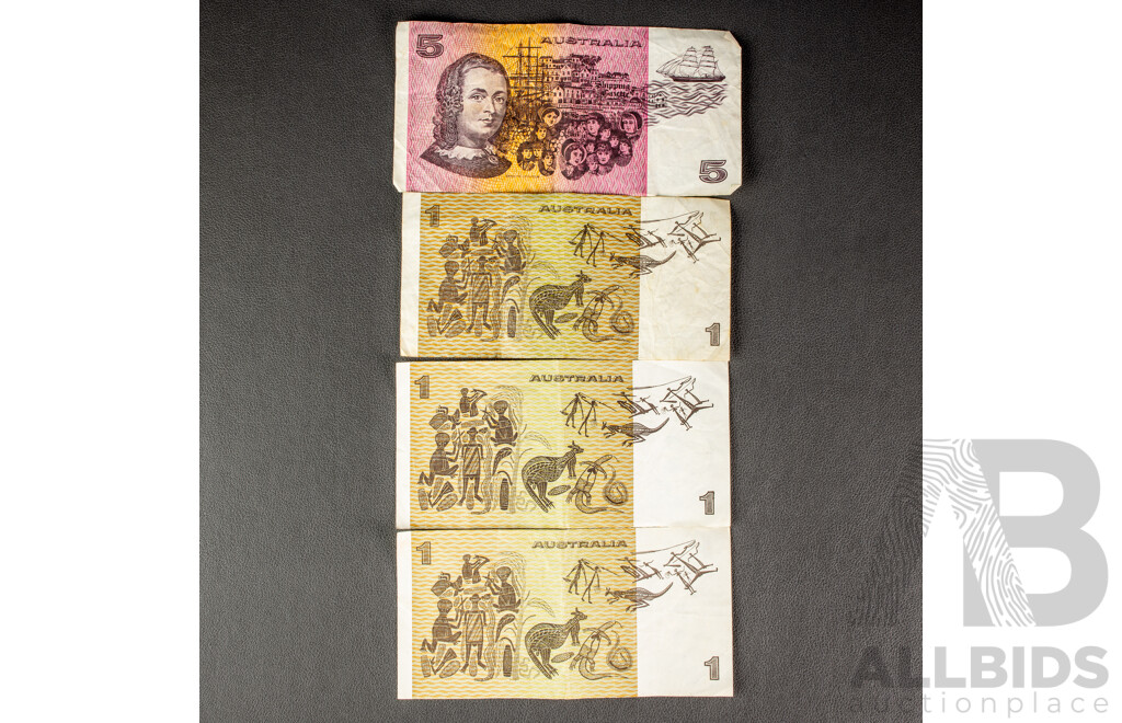 Australian 1991 Five Dollar Note, R213 Fraser/Cole, Three 1979 One Dollar Notes R78 Knight/Stone