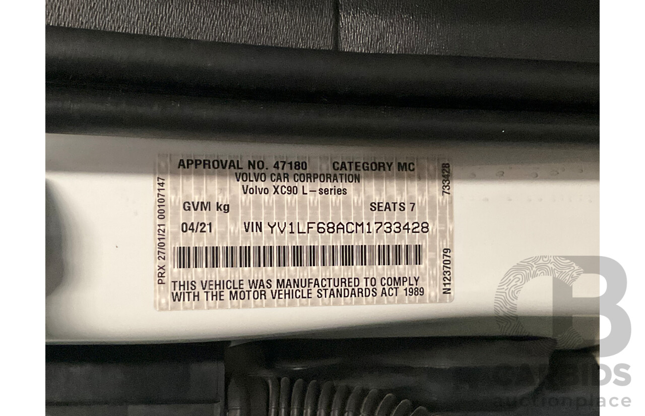 04/2021 Volvo XC90 D5 Inscription Polestar Upgrade (AWD) 256 MY21 4d Wagon Ice White Twin Turbo Diesel 2.0L