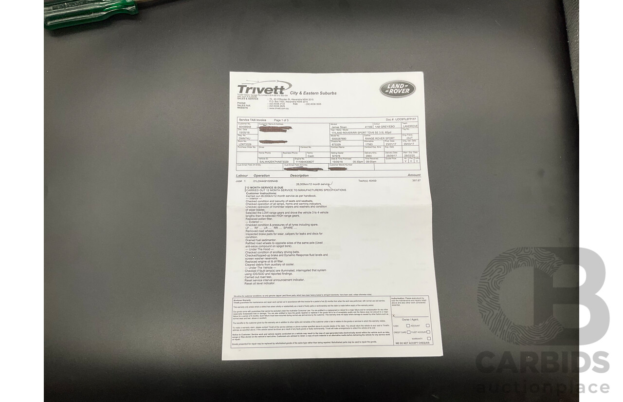 03/2017 Land Rover Range Rover Sport 3.0 TDV6 SE (AWD) LW MY17 4d Wagon Corris Grey Metallic Turbo Diesel 3.0L