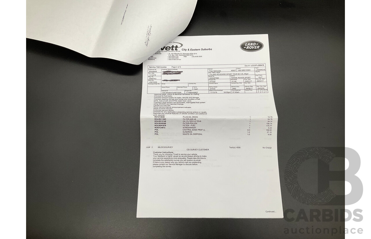03/2017 Land Rover Range Rover Sport 3.0 TDV6 SE (AWD) LW MY17 4d Wagon Corris Grey Metallic Turbo Diesel 3.0L