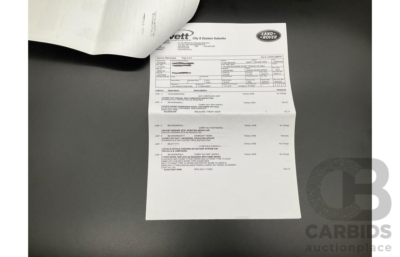 03/2017 Land Rover Range Rover Sport 3.0 TDV6 SE (AWD) LW MY17 4d Wagon Corris Grey Metallic Turbo Diesel 3.0L