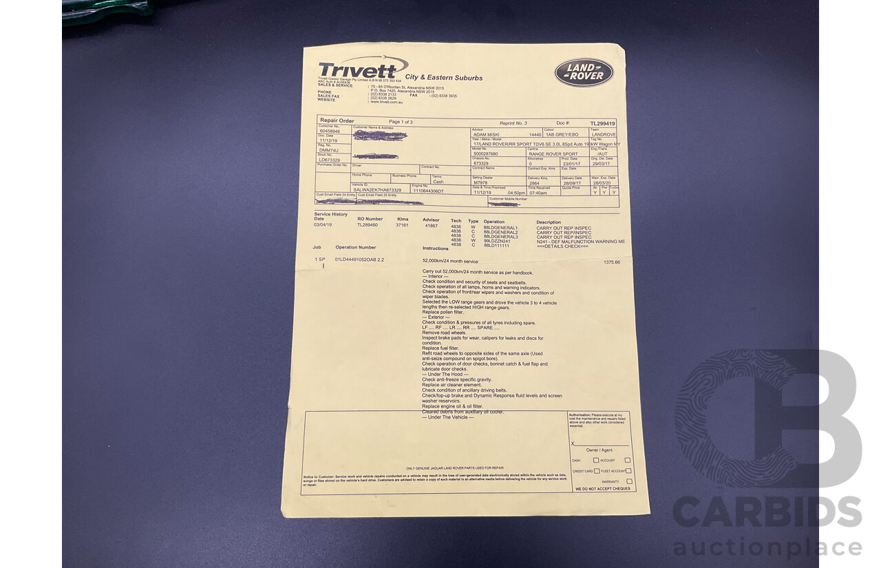 03/2017 Land Rover Range Rover Sport 3.0 TDV6 SE (AWD) LW MY17 4d Wagon Corris Grey Metallic Turbo Diesel 3.0L