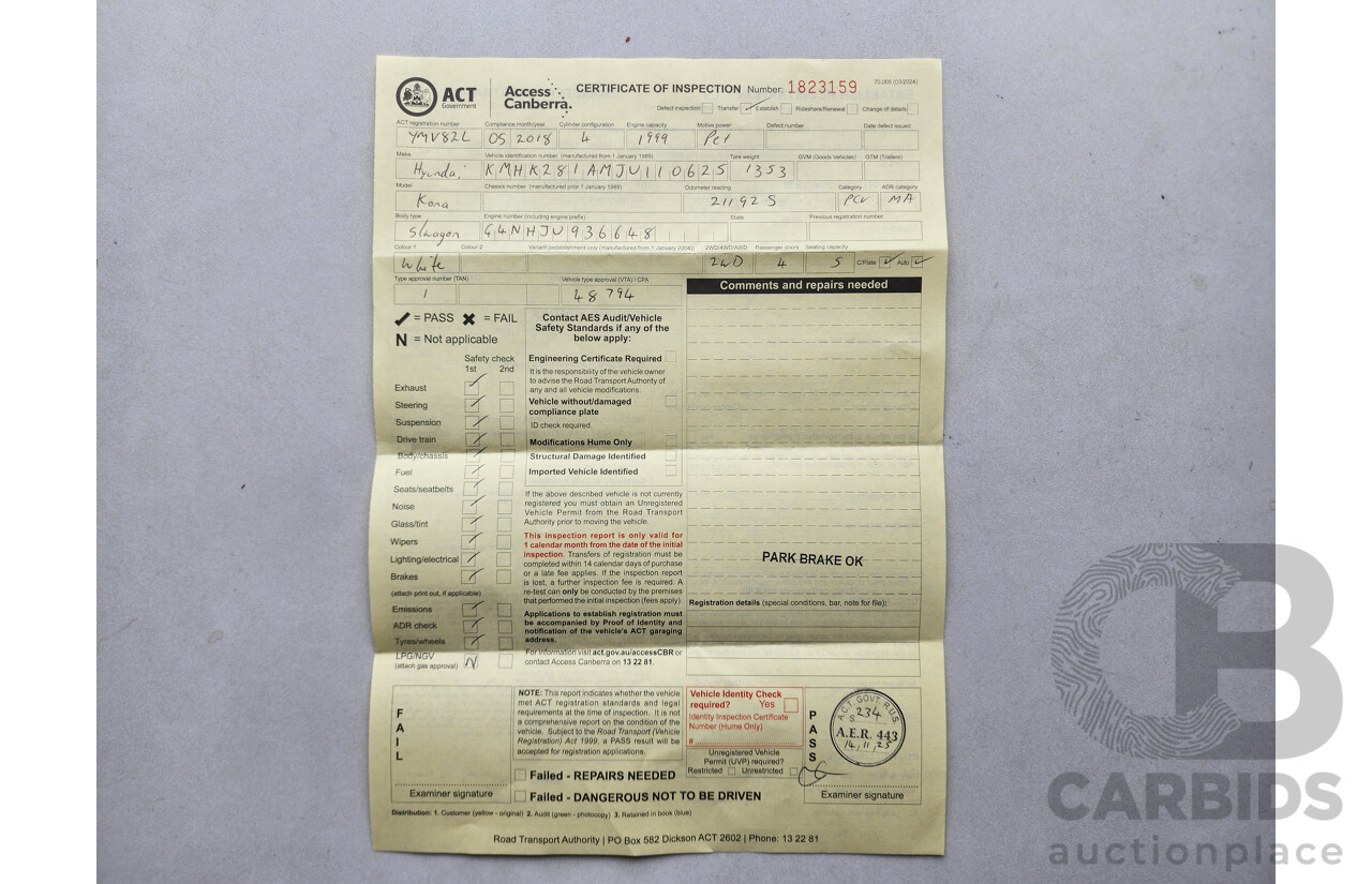 5/2018 Hyundai Kona Active (fwd) OS MY18 4d Wagon White 2.0L