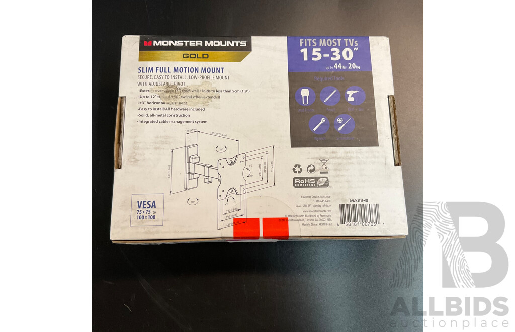 MONSTER MT1111E Small Tilt Mount (suits 15''-30'' TVs) - Black