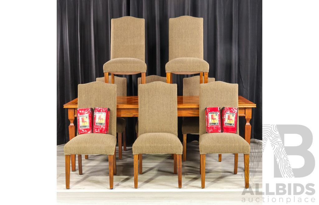 Elm Marquetry Top Dining Table with Eight Upholstered High Back Chairs