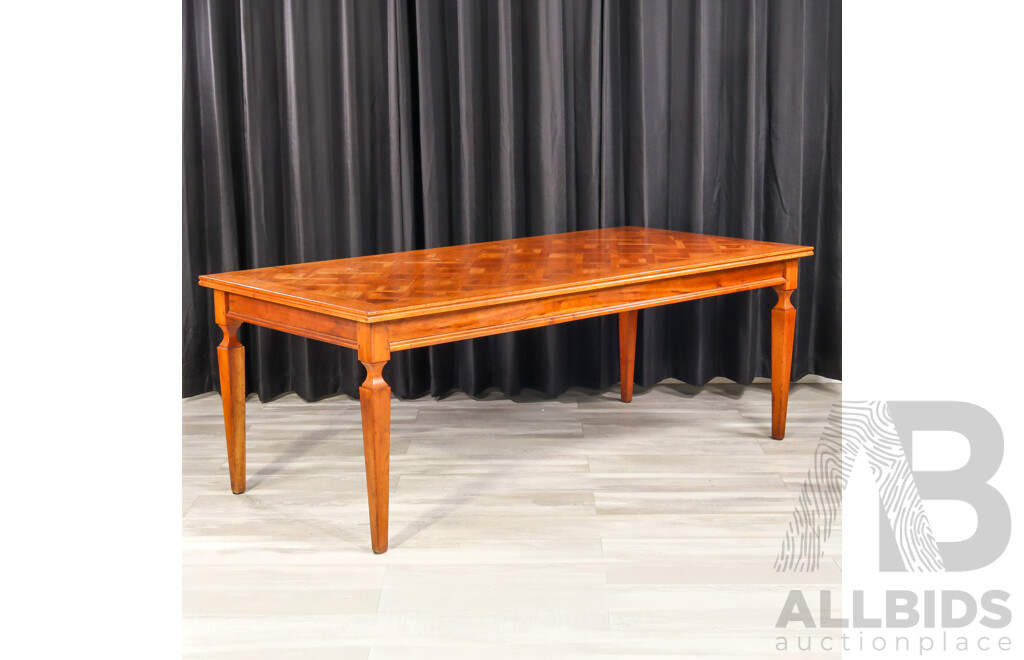 Elm Marquetry Top Dining Table with Eight Upholstered High Back Chairs