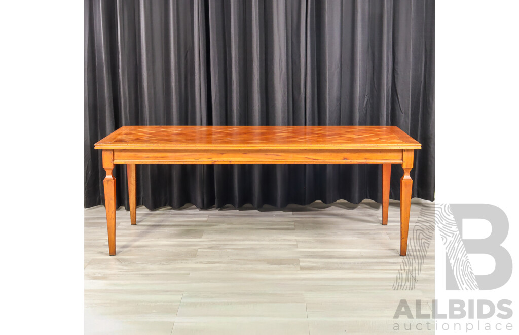 Elm Marquetry Top Dining Table with Eight Upholstered High Back Chairs