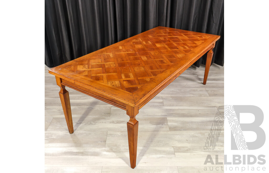 Elm Marquetry Top Dining Table with Eight Upholstered High Back Chairs