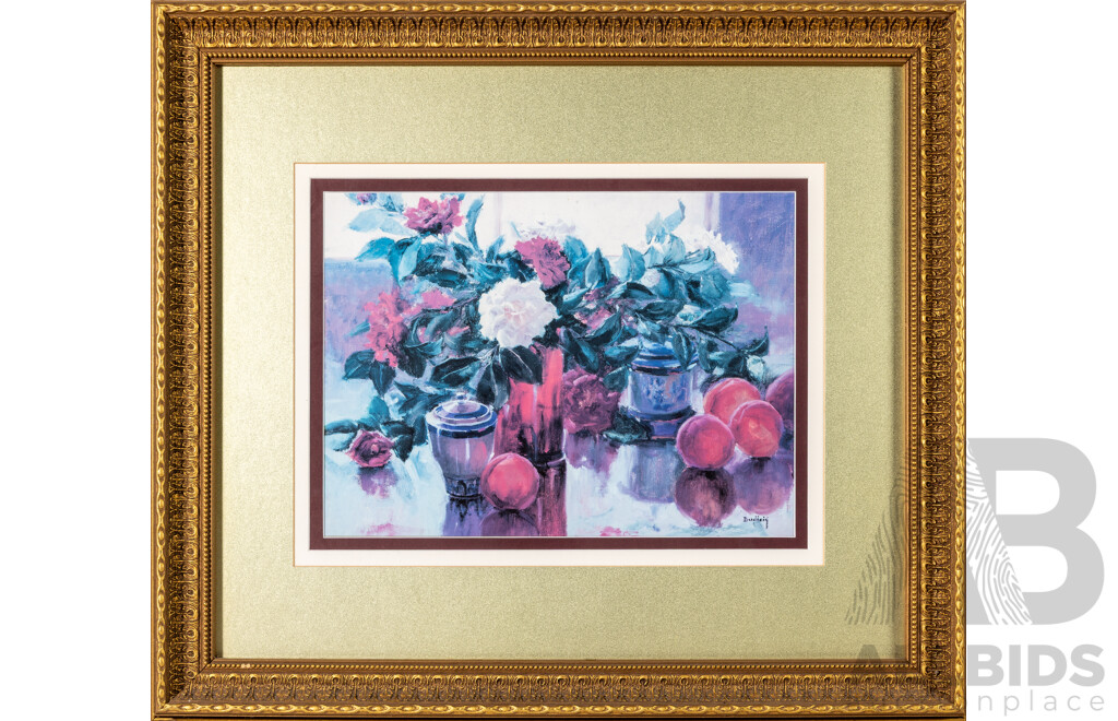 John Budicin, (20th Century, Italian-Born American), Still Life - Flowers with Peaches, Lovely Quality Reproduction Print of Original, 55 x 63 cm (frame)