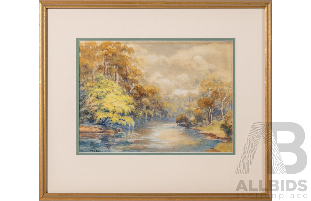 John Pick, (19/20th Century, Australian, 1866-1949), River Scene with Trees, Original Antique Watercolour, 48 x 56 cm (frame)