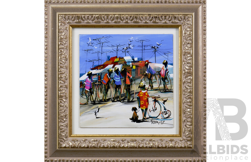 Richard Bogusz (20th Century, German-Born Australian, 1947-), Boys Club (2021), Wonderful Original Oil on Board, 35 x 35 cm (frame)