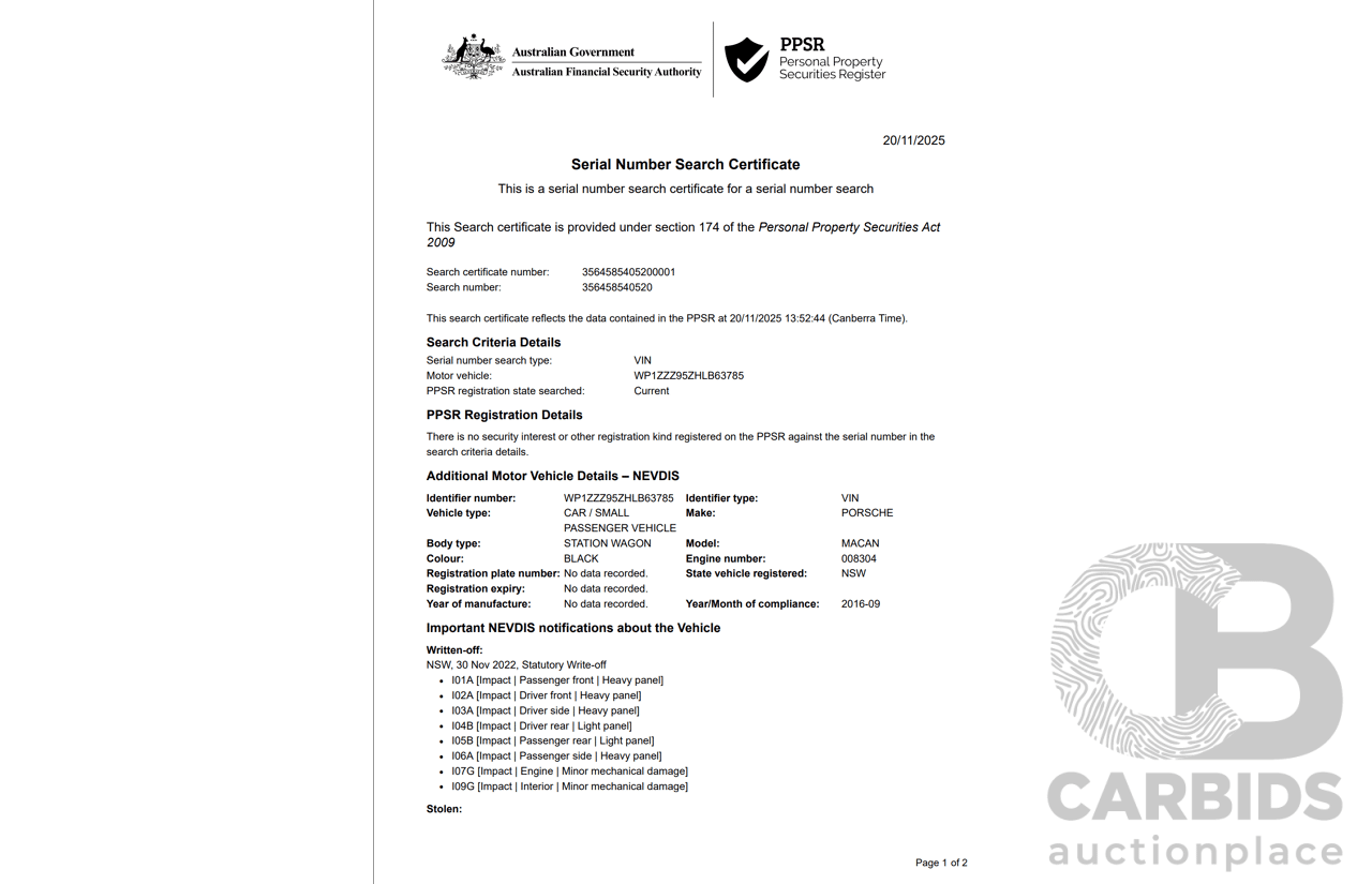9/2016 Porsche Macan GTS (AWD) 95B MY16 4d Wagon Jet Black Metallic Twin Turbo V6 3.0L - Statutory Write Off